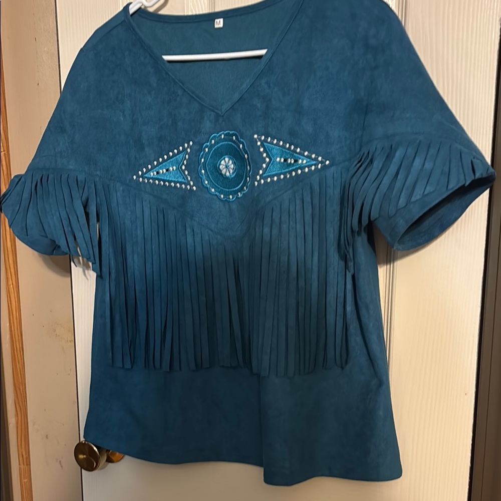 Boho Teal Fringe V-Neck Women's Top
